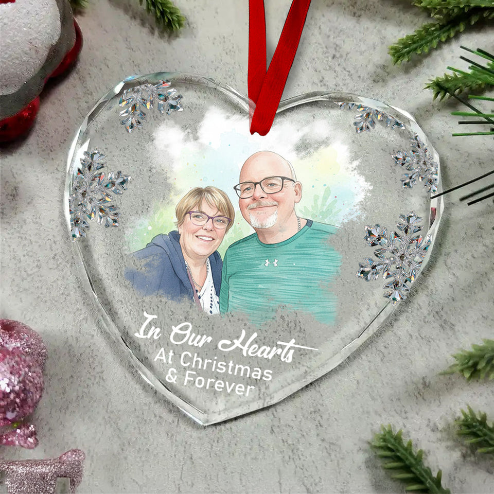 In Our Hearts At Christmas & Forever - Personalized Memorial Heart Shaped Glass Ornament