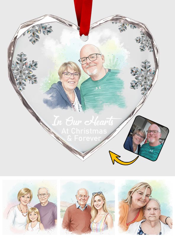In Our Hearts At Christmas & Forever - Personalized Memorial Heart Shaped Glass Ornament