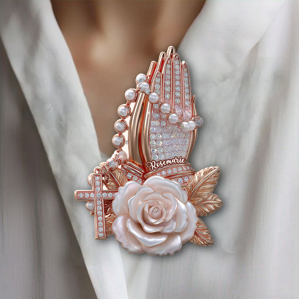 Mains en prière avec des roses - Broche chrétienne personnalisée