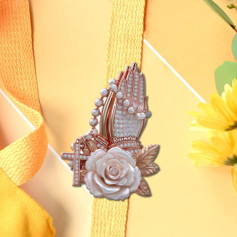 Mains en prière avec des roses - Broche chrétienne personnalisée