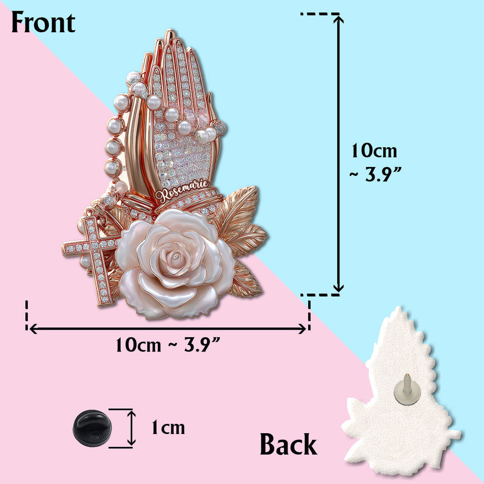 Mains en prière avec des roses - Broche chrétienne personnalisée