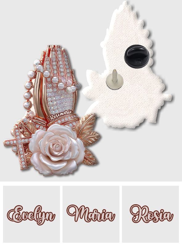 Mains en prière avec des roses - Broche chrétienne personnalisée