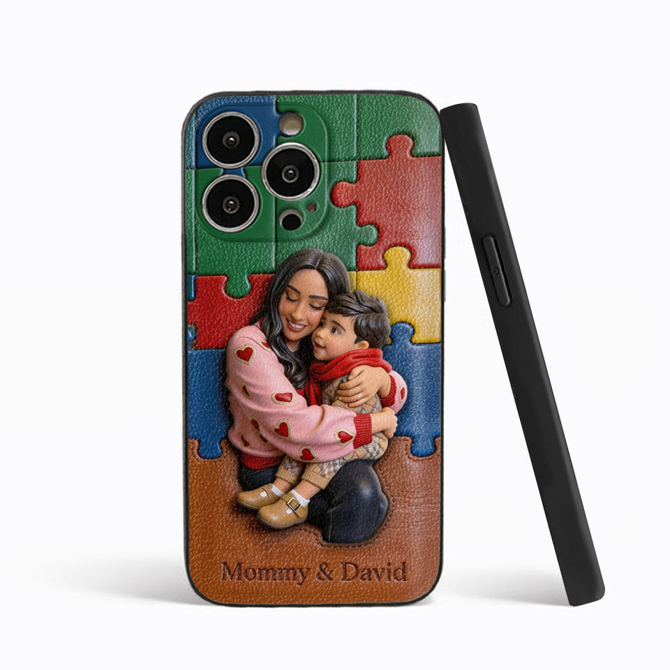 Autism Mom - Personalized Autism Awareness 3D Embossed Leather Phone Case