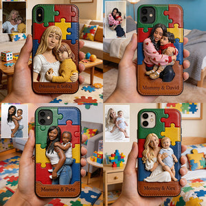 Autism Mom - Personalized Autism Awareness 3D Embossed Leather Phone Case