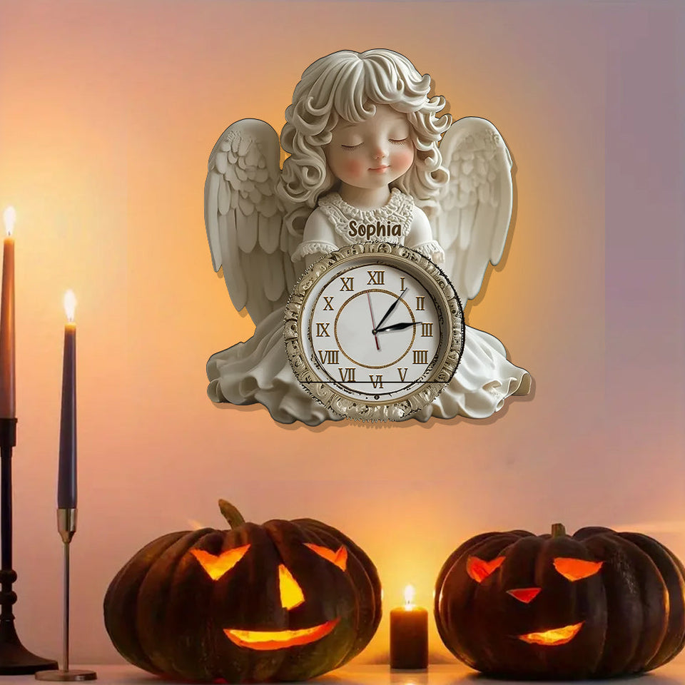 Le temps file, mais les anges veillent sur chaque instant - Horloge murale lumineuse LED chrétienne personnalisée