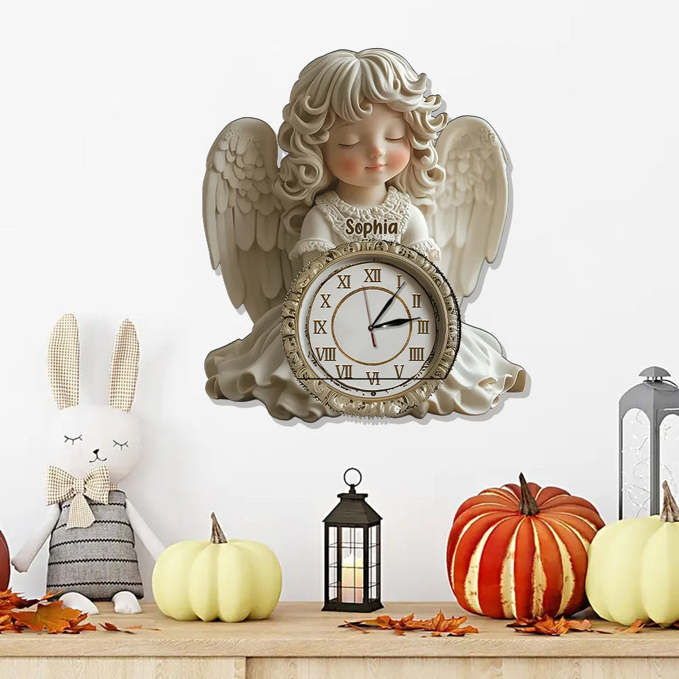 Le temps file, mais les anges veillent sur chaque instant - Horloge murale lumineuse LED chrétienne personnalisée