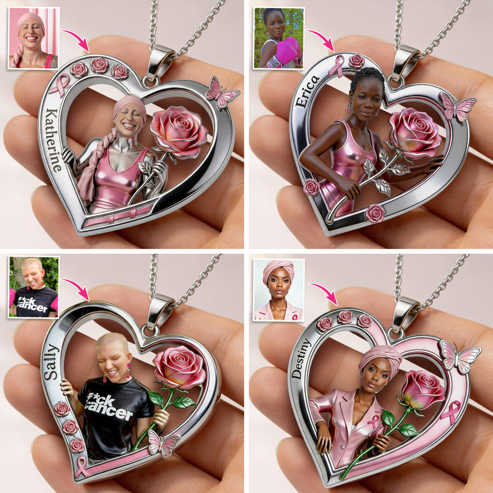 Any Photo Pink Ribbon Survivor - Personalized Breast Cancer Awareness Shaped Metal Pendant Necklace