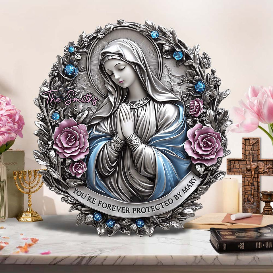 Tu es protégé(e) à jamais par Marie - Plaque en métal découpée, personnalisée, de confession chrétienne