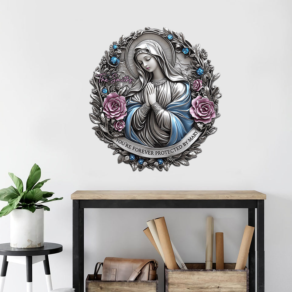 Tu es protégé(e) à jamais par Marie - Plaque en métal découpée, personnalisée, de confession chrétienne