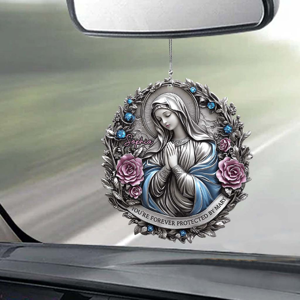 Tu es protégé(e) à jamais par Marie - Ornement de voiture chrétien personnalisé