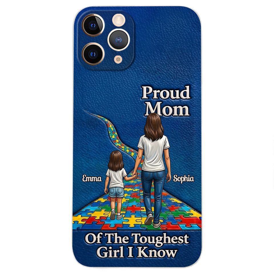 Proud Dad Of The Toughest Boy I Know - Personalized Autism Awareness 3D Embossed Leather Phone Case