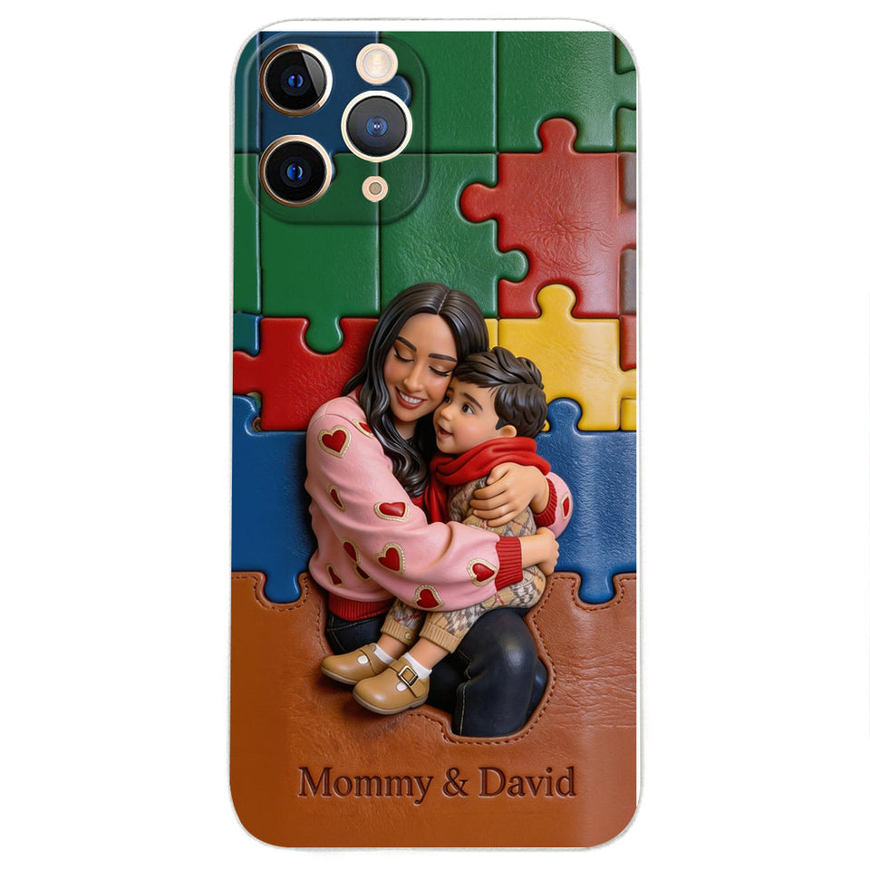 Autism Mom - Personalized Autism Awareness 3D Embossed Leather Phone Case