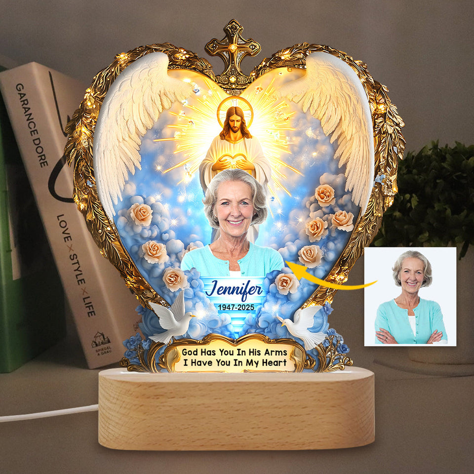 Dieu vous tient dans ses bras - Plaque commémorative personnalisée avec socle lumineux