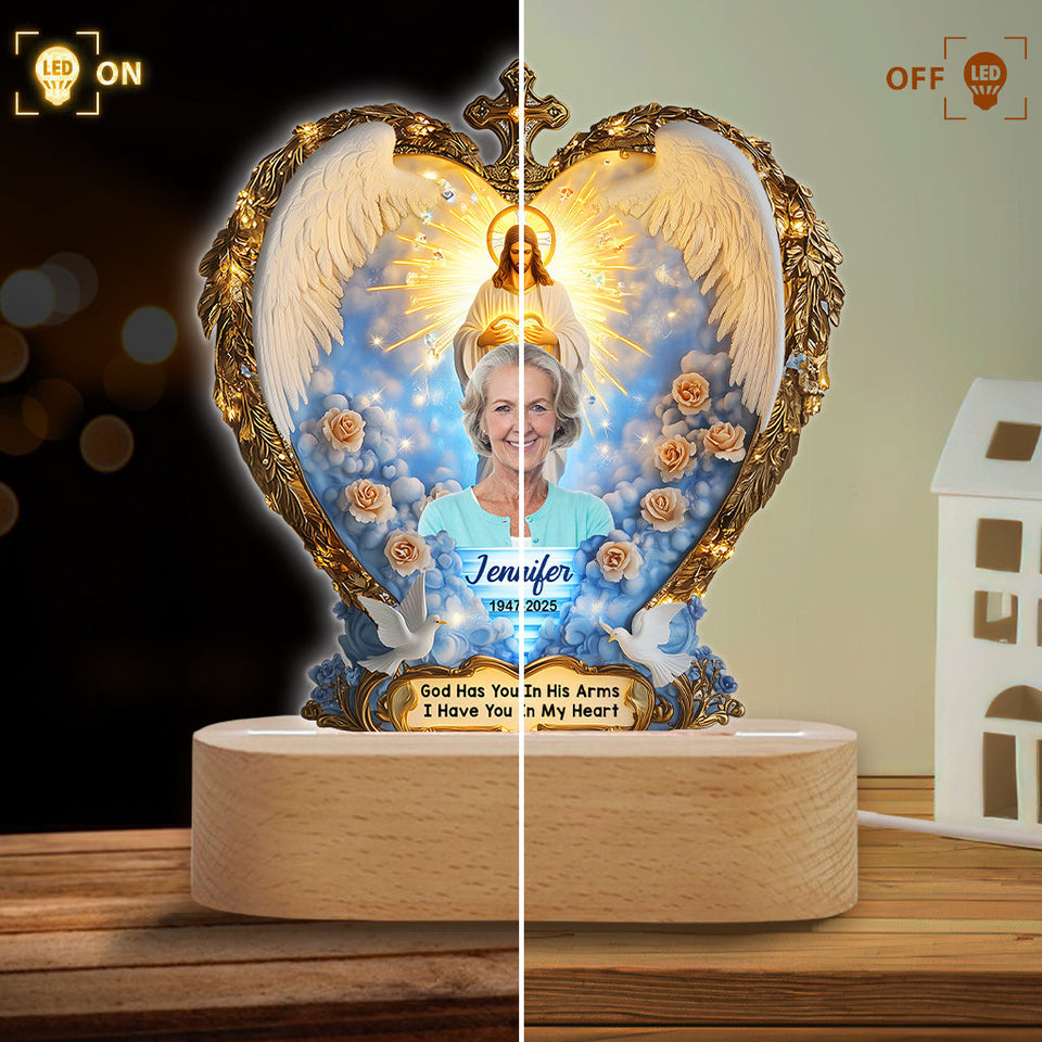 Dieu vous tient dans ses bras - Plaque commémorative personnalisée avec socle lumineux