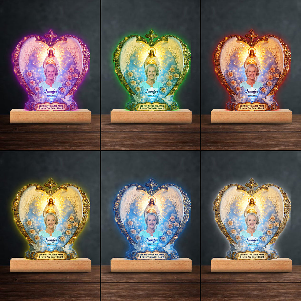 Dieu vous tient dans ses bras - Plaque commémorative personnalisée avec socle lumineux