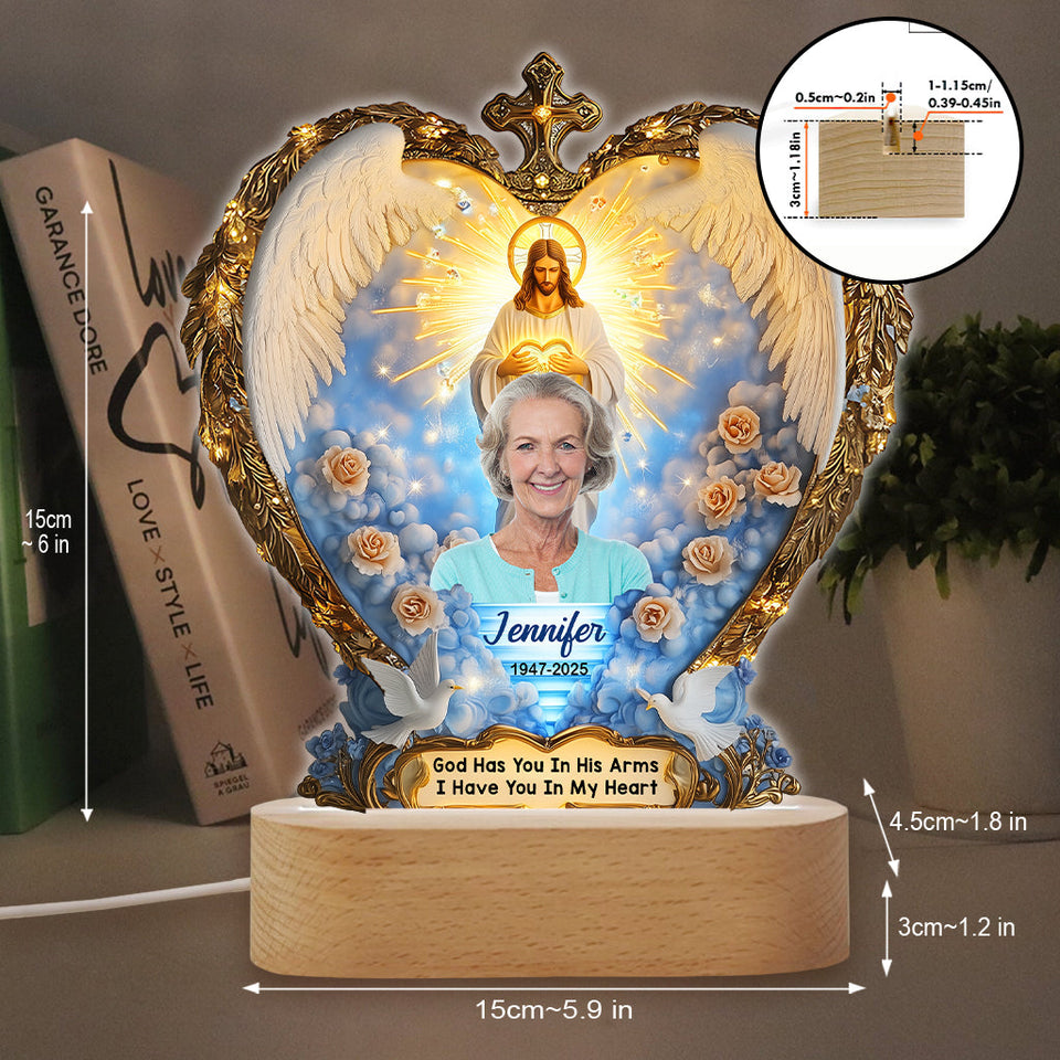 Dieu vous tient dans ses bras - Plaque commémorative personnalisée avec socle lumineux