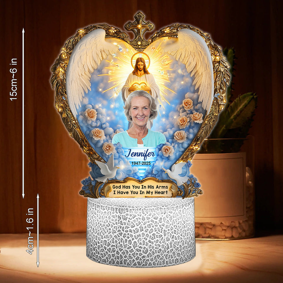 Dieu vous tient dans ses bras - Plaque commémorative personnalisée avec socle lumineux