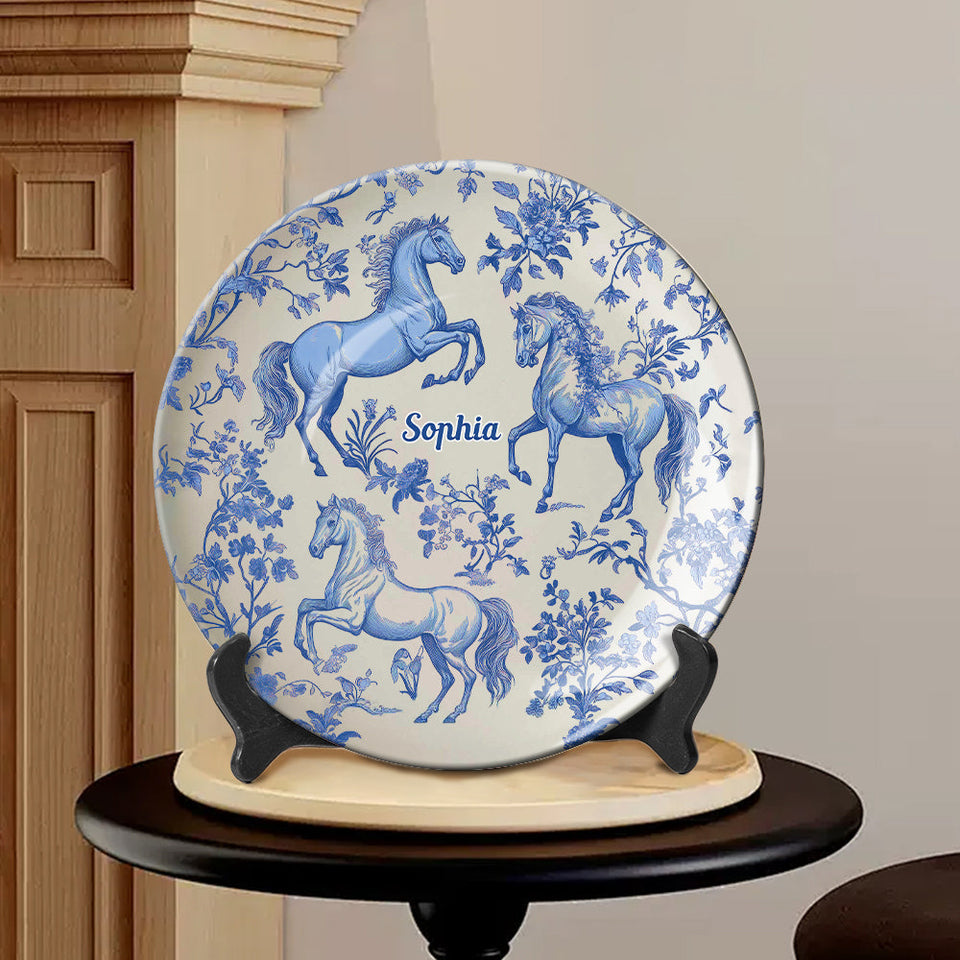 Assiette ronde en céramique personnalisée à motif cheval bleu et blanc Toile de Jouy