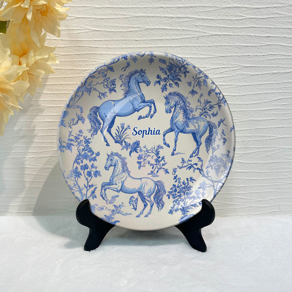 Assiette ronde en céramique personnalisée à motif cheval bleu et blanc Toile de Jouy