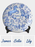 Assiette ronde en céramique personnalisée à motif cheval bleu et blanc Toile de Jouy