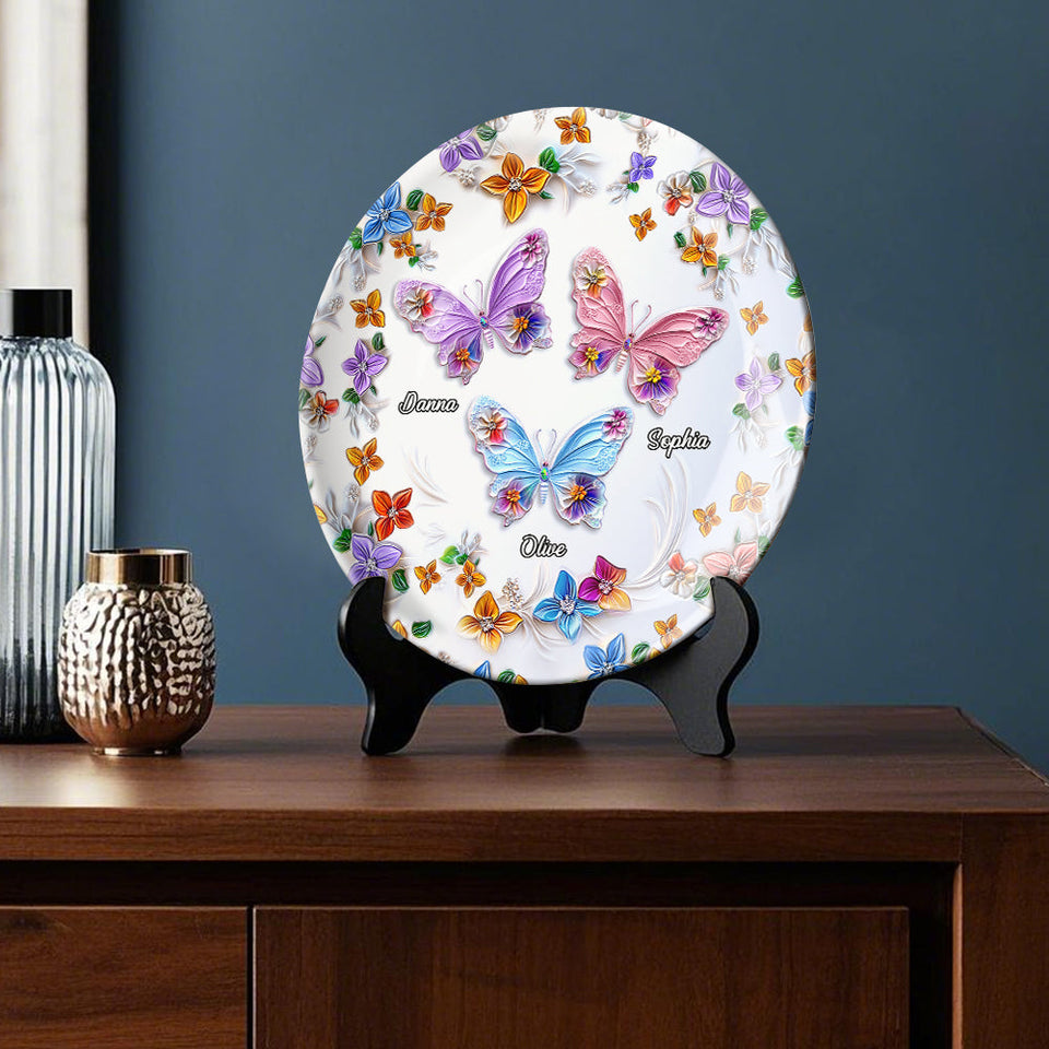 Assiette ronde en céramique personnalisée Bestie avec papillons et fleurs