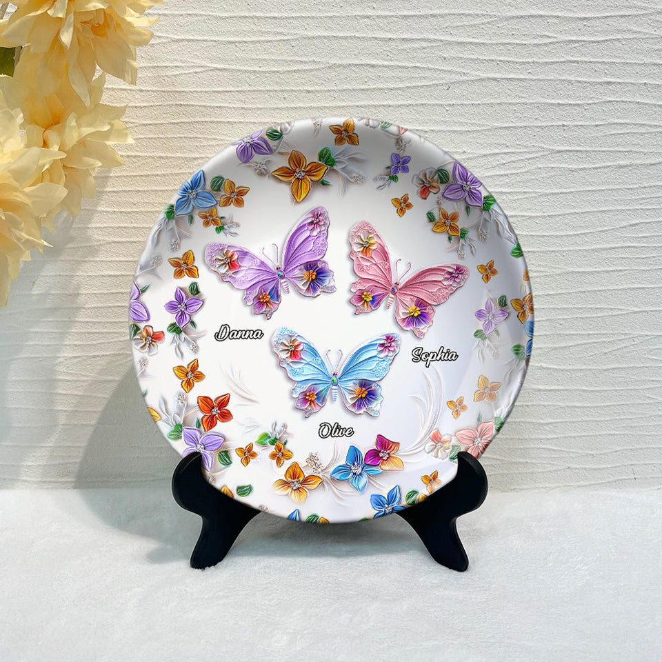 Assiette ronde en céramique personnalisée Bestie avec papillons et fleurs