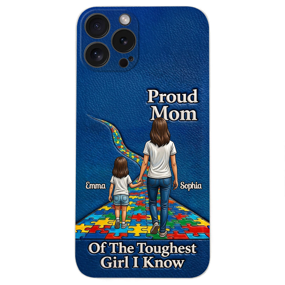 Proud Dad Of The Toughest Boy I Know - Personalized Autism Awareness 3D Embossed Leather Phone Case
