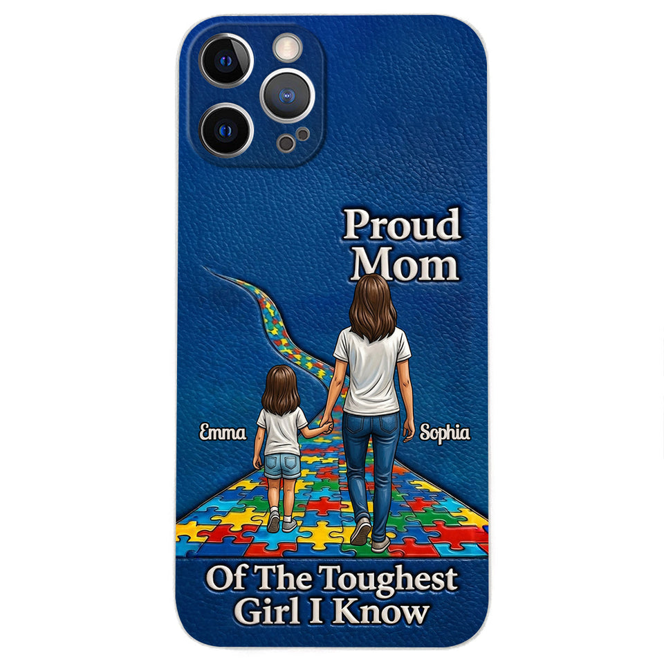 Proud Dad Of The Toughest Boy I Know - Personalized Autism Awareness 3D Embossed Leather Phone Case