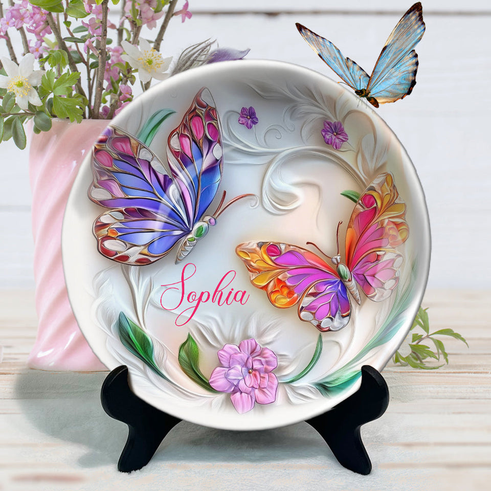 Superbe assiette ronde en céramique personnalisée avec papillon