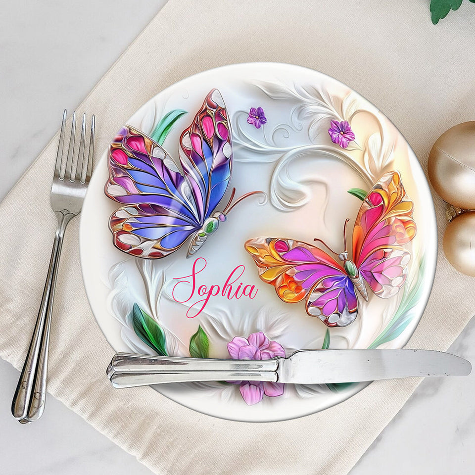 Superbe assiette ronde en céramique personnalisée avec papillon