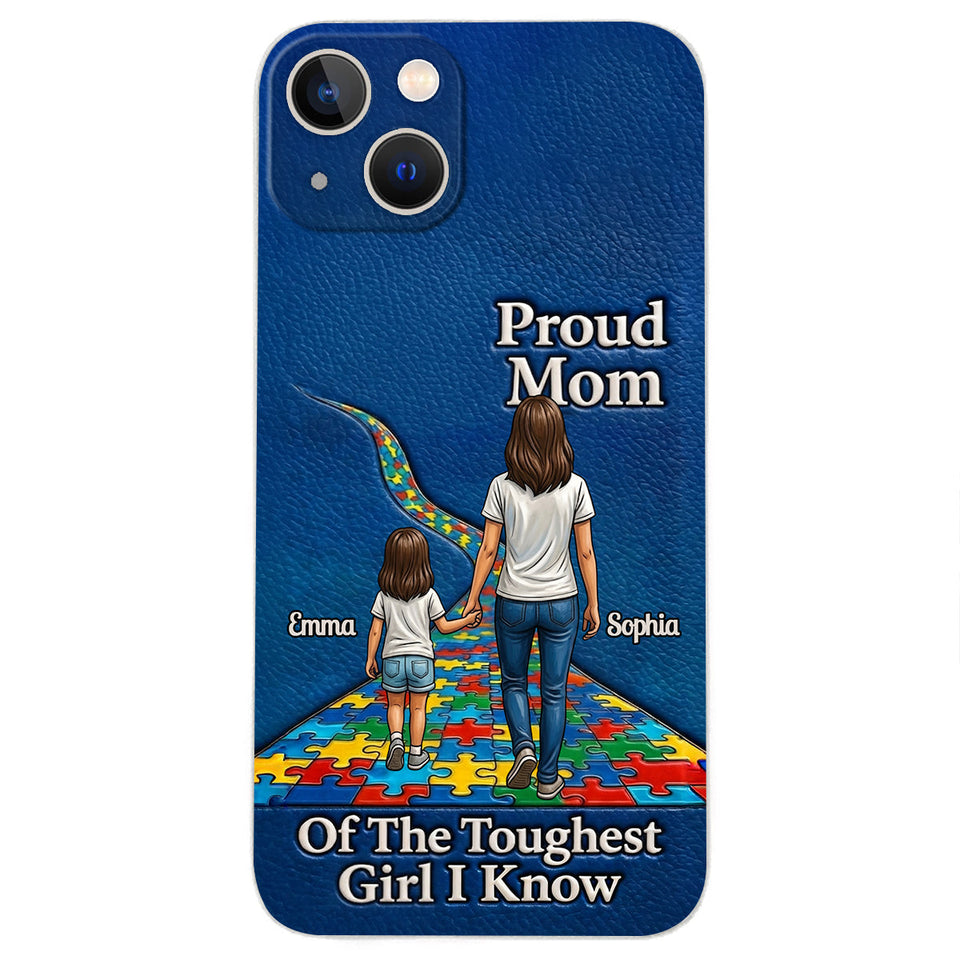 Proud Dad Of The Toughest Boy I Know - Personalized Autism Awareness 3D Embossed Leather Phone Case