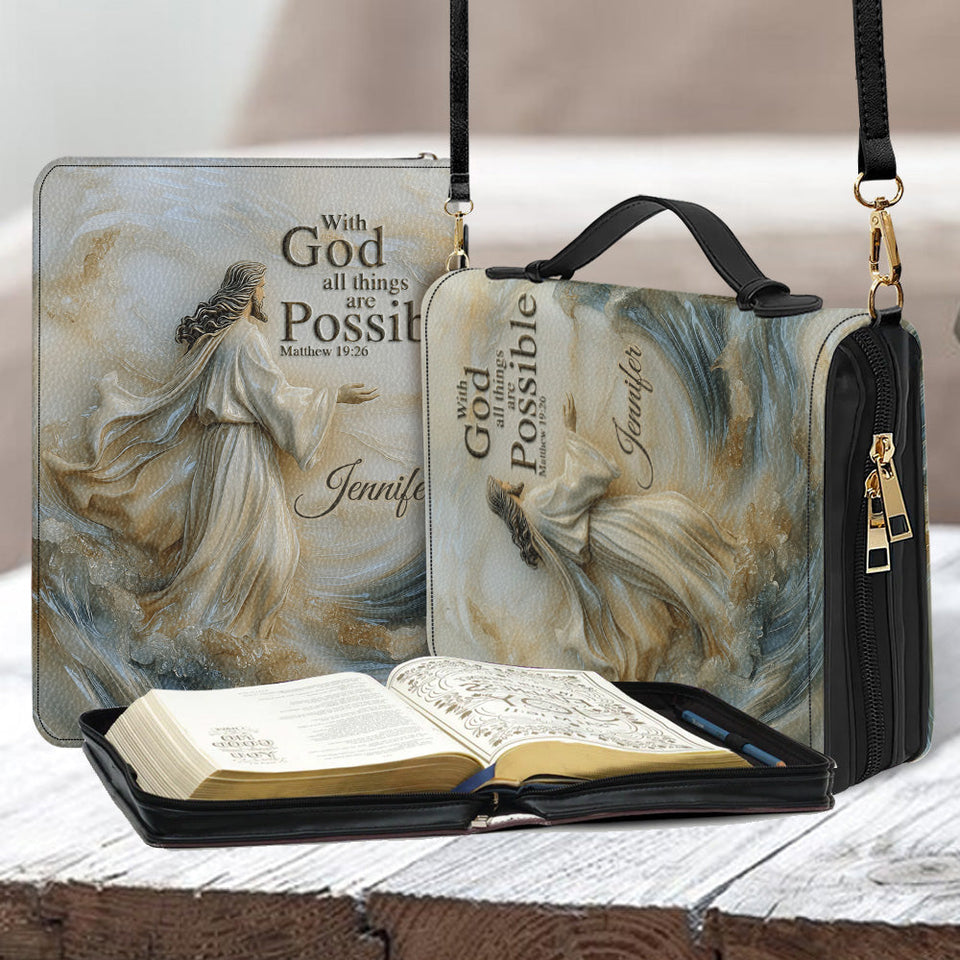 With God All Things Are Possible - Personalized Christian Leather Bible Cover Bag