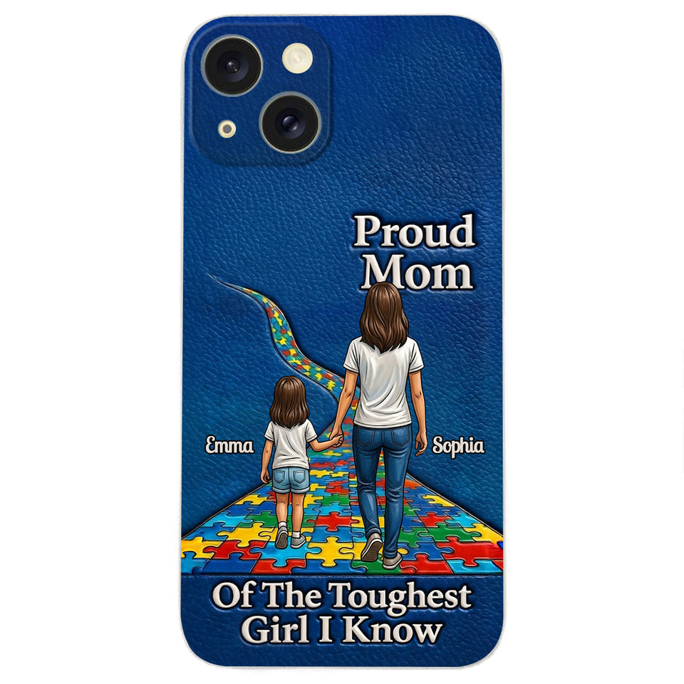 Proud Dad Of The Toughest Boy I Know - Personalized Autism Awareness 3D Embossed Leather Phone Case