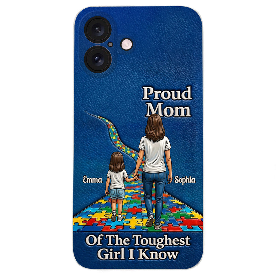 Proud Dad Of The Toughest Boy I Know - Personalized Autism Awareness 3D Embossed Leather Phone Case