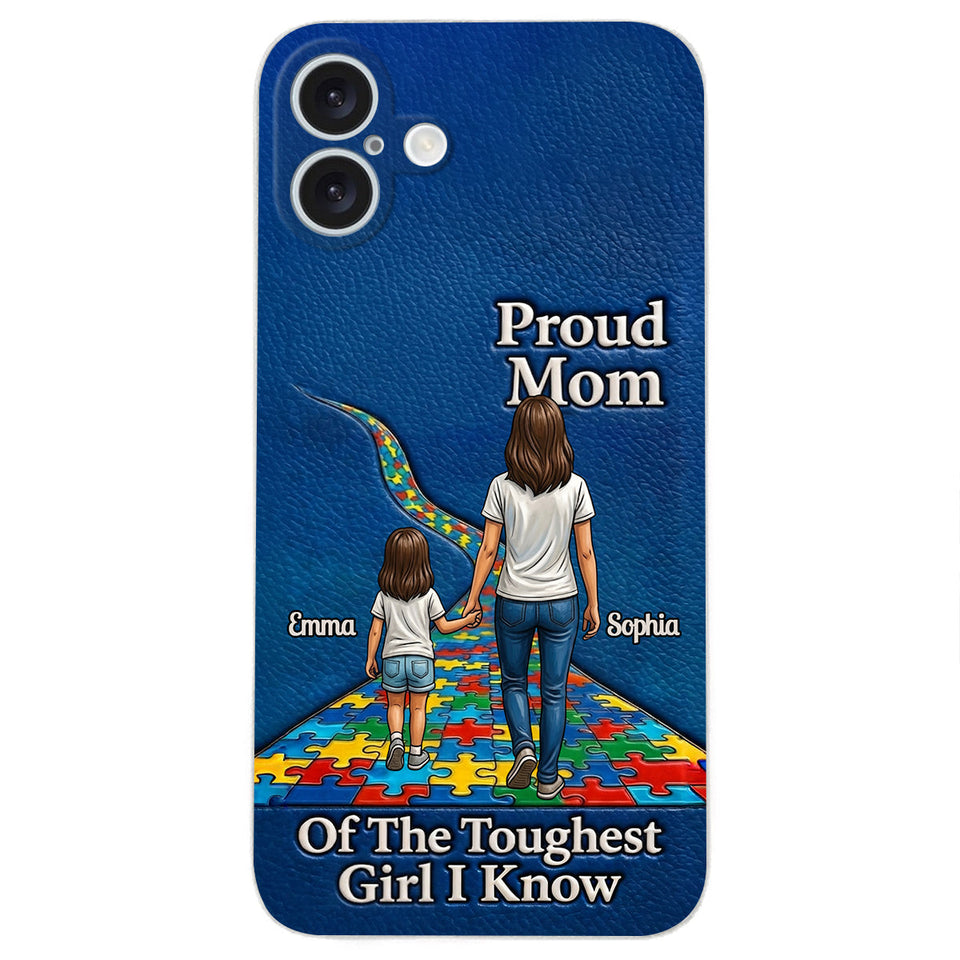 Proud Dad Of The Toughest Boy I Know - Personalized Autism Awareness 3D Embossed Leather Phone Case