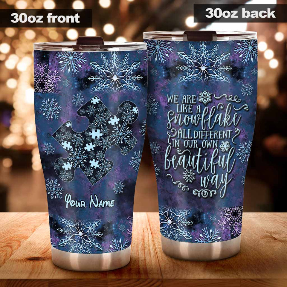 We Are Like Snowflakes Blue Purple Snowflakes - Personalized Christmas Autism Awareness Tumbler