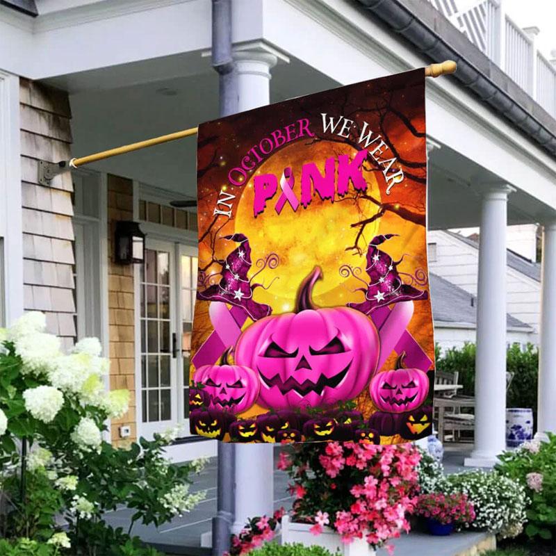 En octobre, nous portons un ruban rose citrouille d'Halloween - Drapeau de sensibilisation au cancer du sein 0822