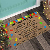 Dans cette maison, on n'abandonne jamais - Paillasson imprimé en fibre de coco pour la sensibilisation à l'autisme