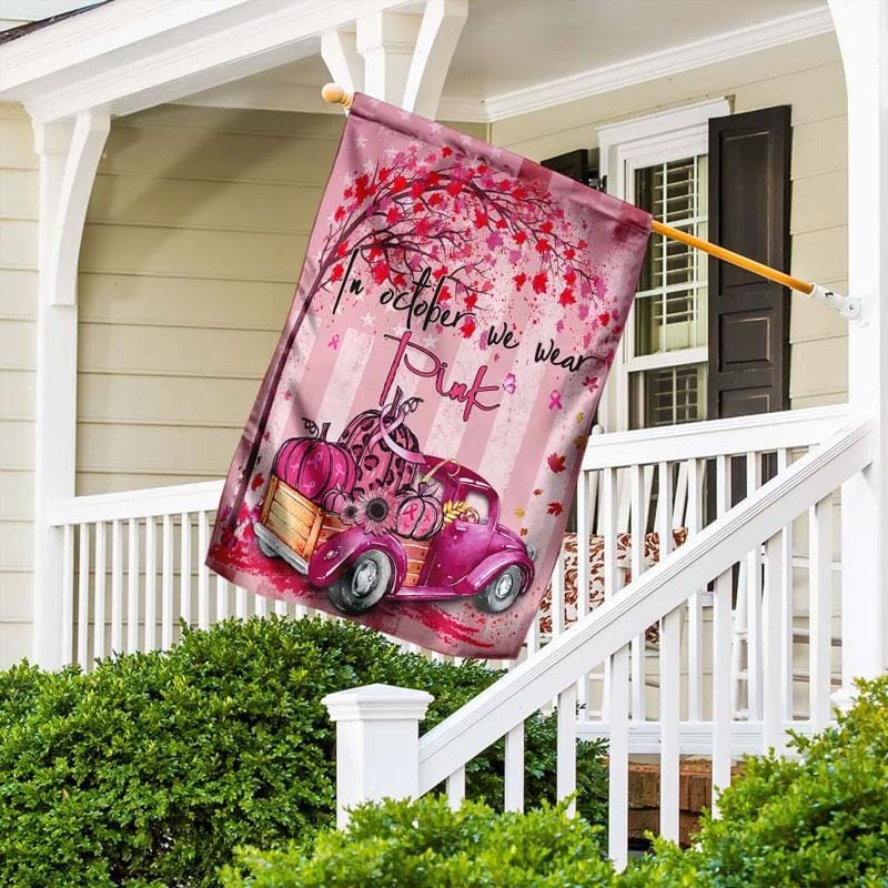 En octobre, nous portons du rose. Voiture citrouille - Drapeau de la maison pour la sensibilisation au cancer du sein 0822