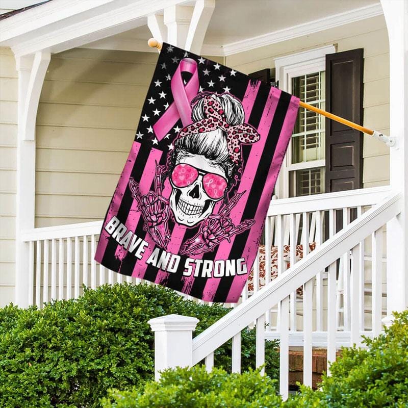 Crâne courageux et fort et ruban rose - Drapeau de sensibilisation au cancer du sein 0822