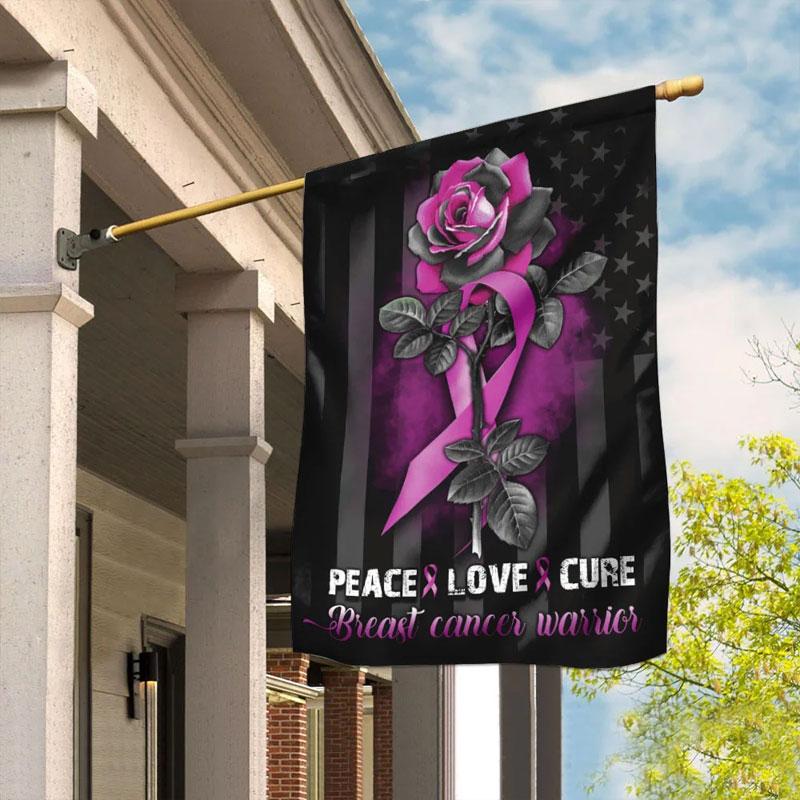 Paix, amour, guérison, guerrière contre le cancer du sein - Drapeau de la Maison de sensibilisation au cancer du sein 0822