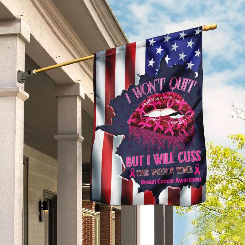 Je n'abandonnerai pas, mais je jurerai tout le temps. Ruban rose, lèvres, drapeau américain - Drapeau de sensibilisation au cancer du sein 0822