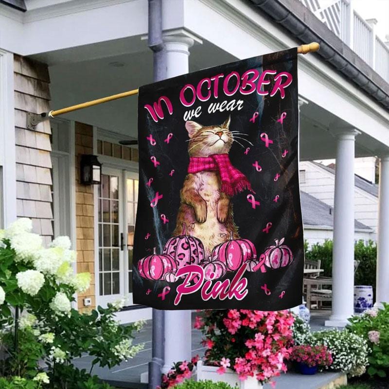 En octobre, nous portons du rose (chat) - Drapeau de la maison pour la sensibilisation au cancer du sein 0822