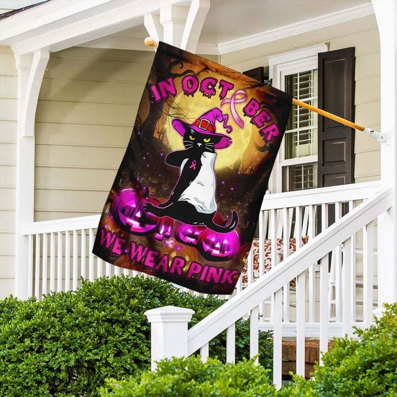 En octobre, nous portons du rose : Chat d'Halloween - Drapeau de la maison pour la sensibilisation au cancer du sein 0822