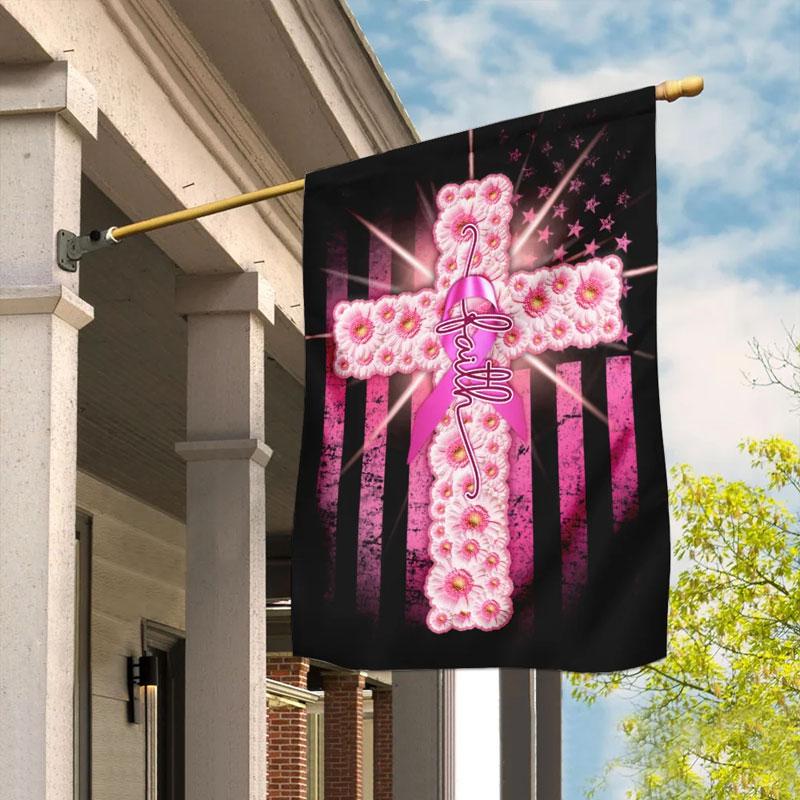 Drapeau américain avec croix et ruban rose - Sensibilisation au cancer du sein - Drapeau de maison 0822