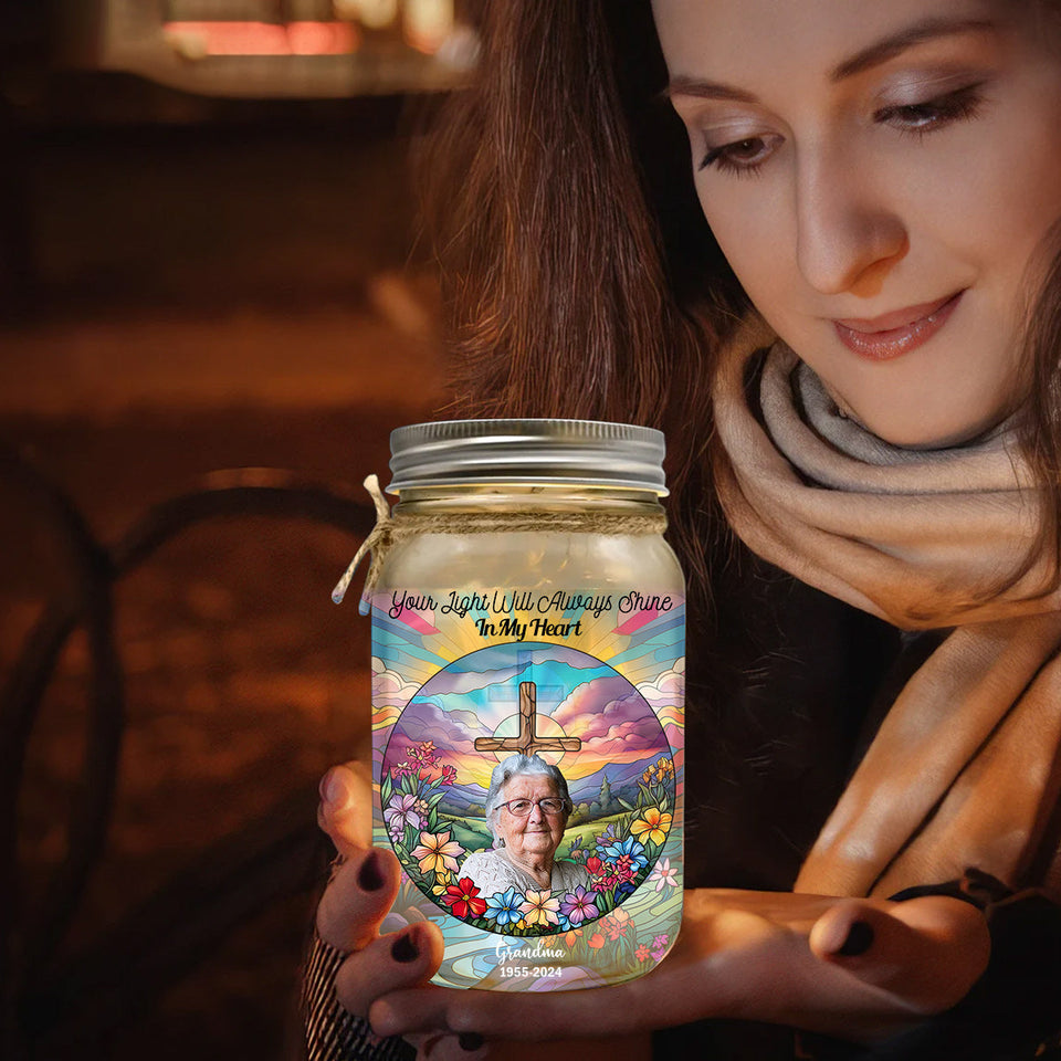 Ta lumière brillera toujours dans mon cœur - Lampe commémorative personnalisée en bocal Mason