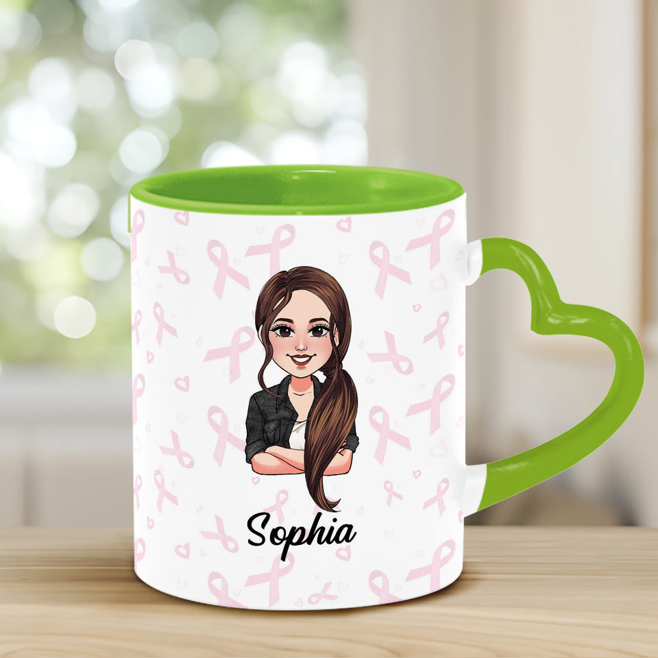 Dear Cancer You Picked The Wrong Bitch - Personalized Breast Cancer Awareness Heart Handle Mug