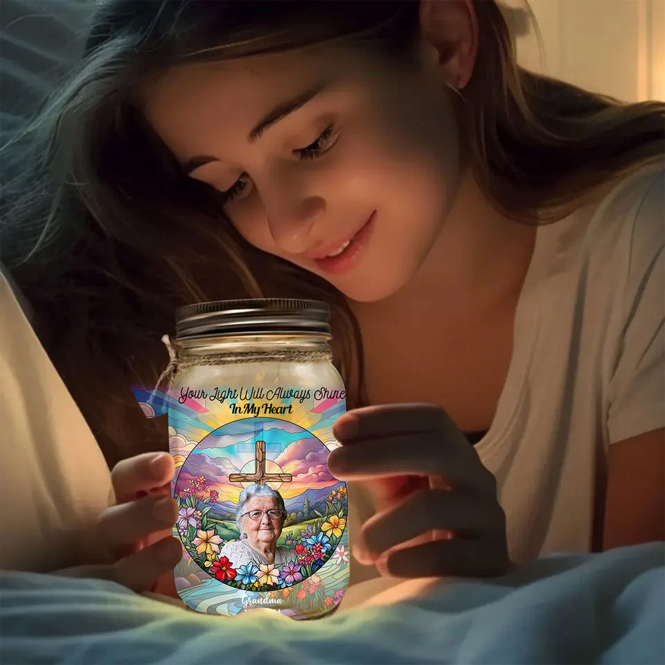 Ta lumière brillera toujours dans mon cœur - Lampe commémorative personnalisée en bocal Mason
