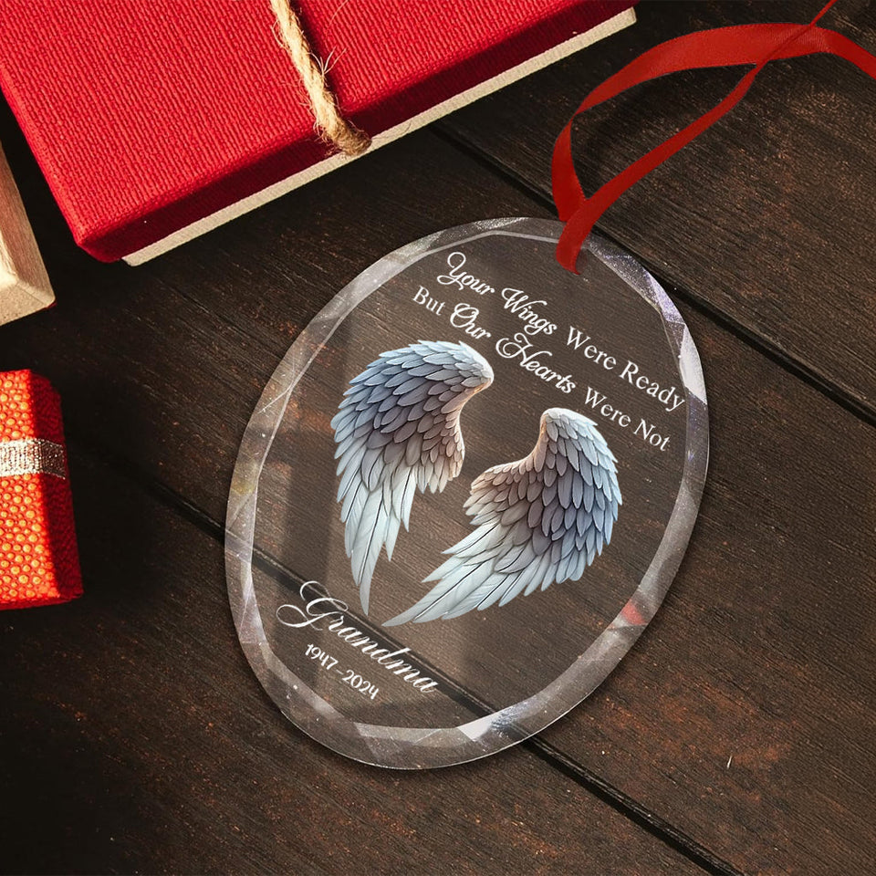 Beautiful Angel Wings - Personalized Memorial Oval Shaped Glass Ornament
