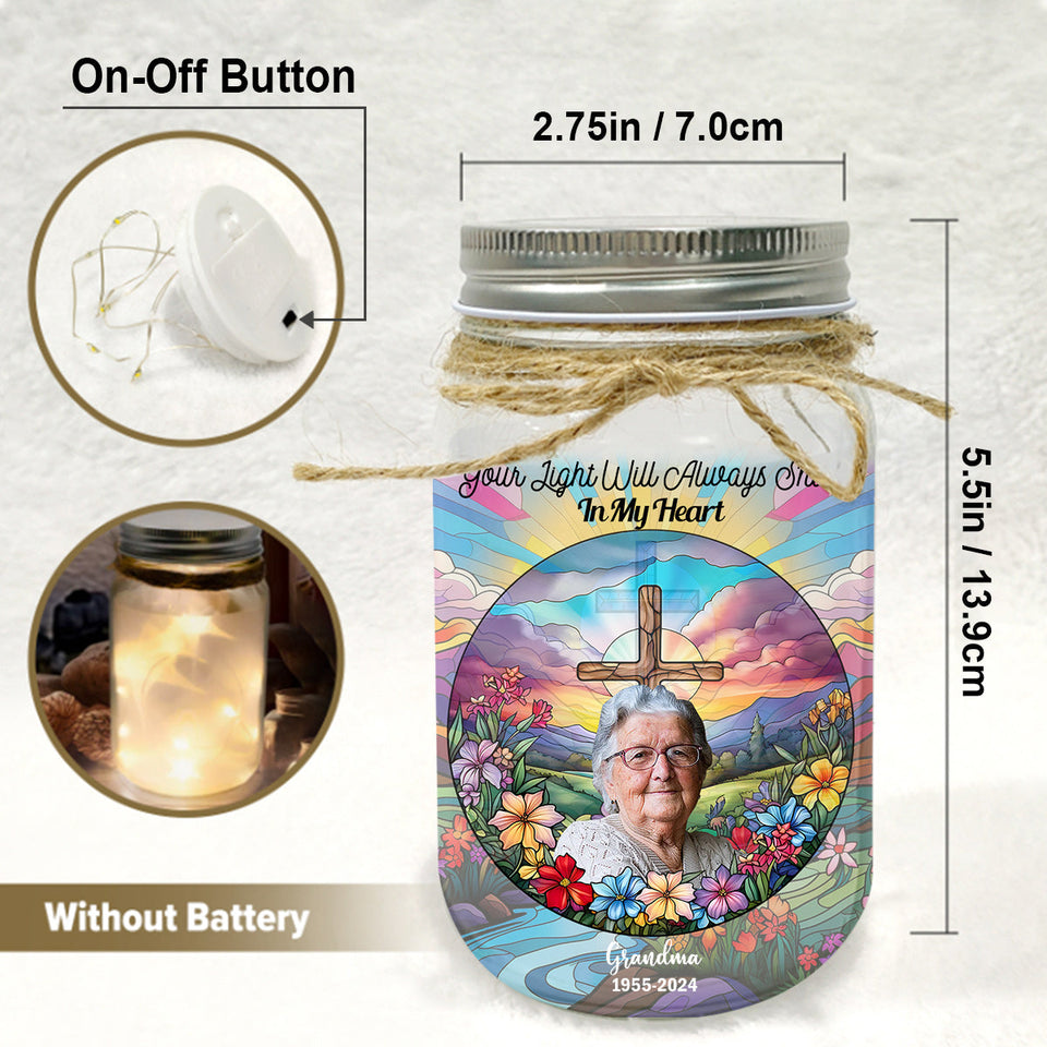 Ta lumière brillera toujours dans mon cœur - Lampe commémorative personnalisée en bocal Mason